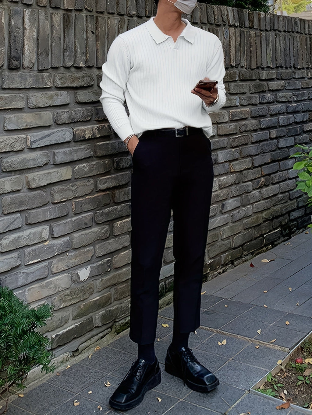 Ribbed Knit Polo Sweater Men's White V-Neck Long Sleeve Collared Jumper – Office, Casual