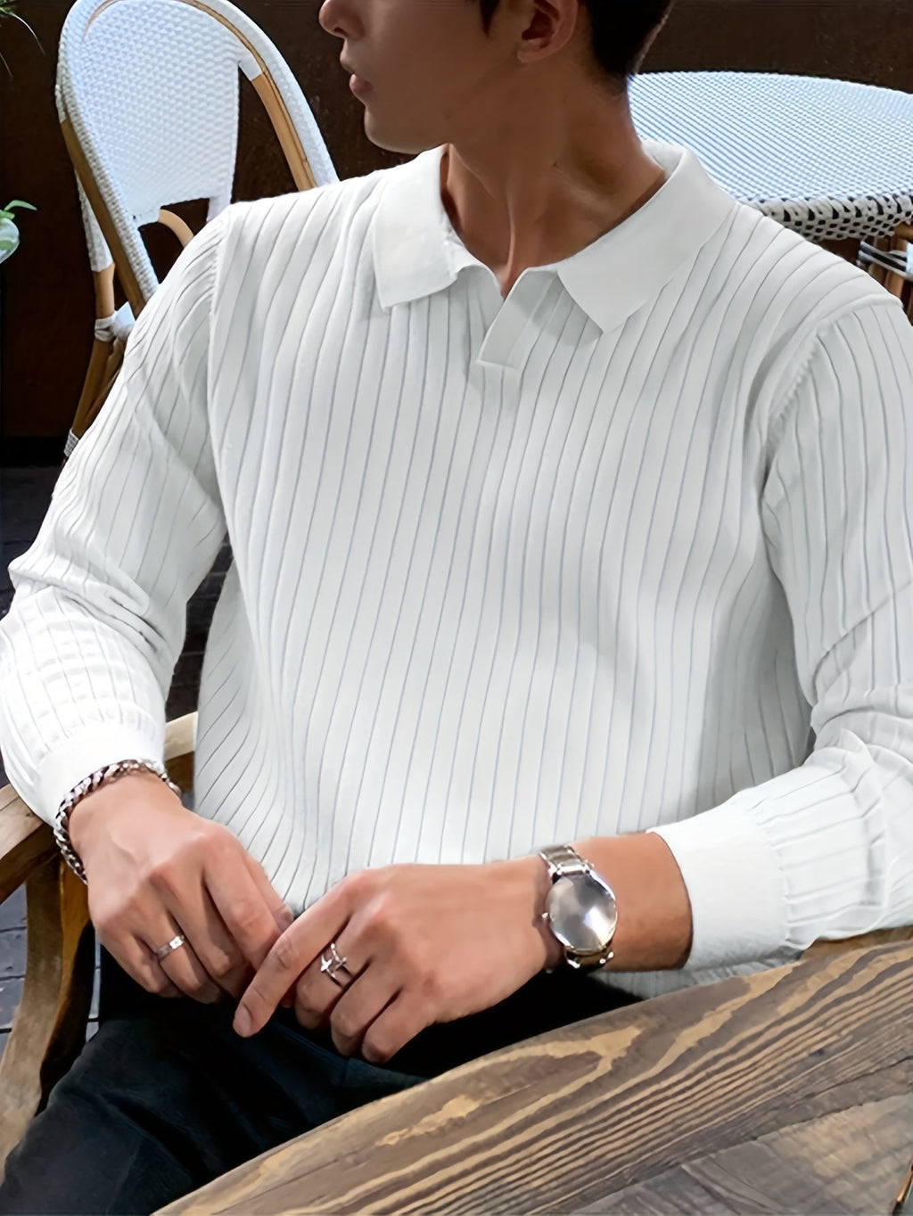 Ribbed Knit Polo Sweater Men's White V-Neck Long Sleeve Collared Jumper – Office, Casual