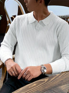 Ribbed Knit Polo Sweater Men's White V-Neck Long Sleeve Collared Jumper – Office, Casual