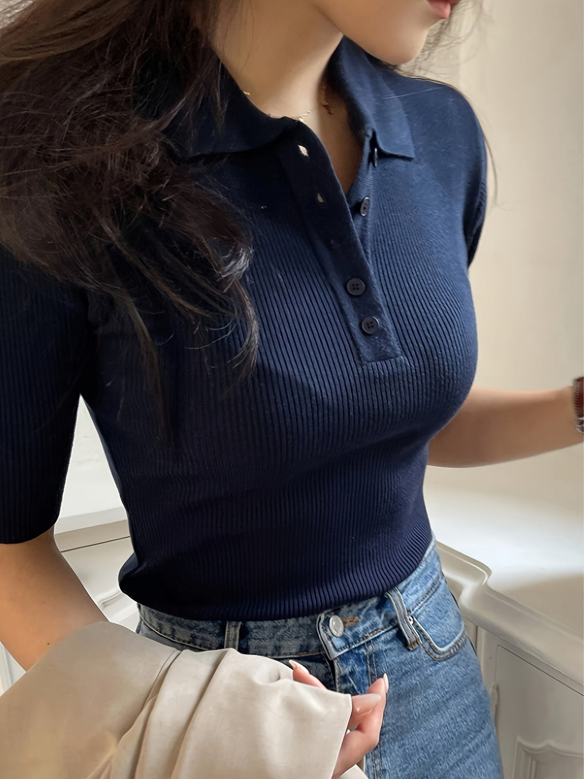 Ribbed Knit Polo Top Navy Short Sleeve Women's – Casual, Office · Werune