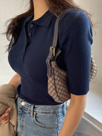 Ribbed Knit Polo Top Navy Short Sleeve Women's – Casual, Office · Werune