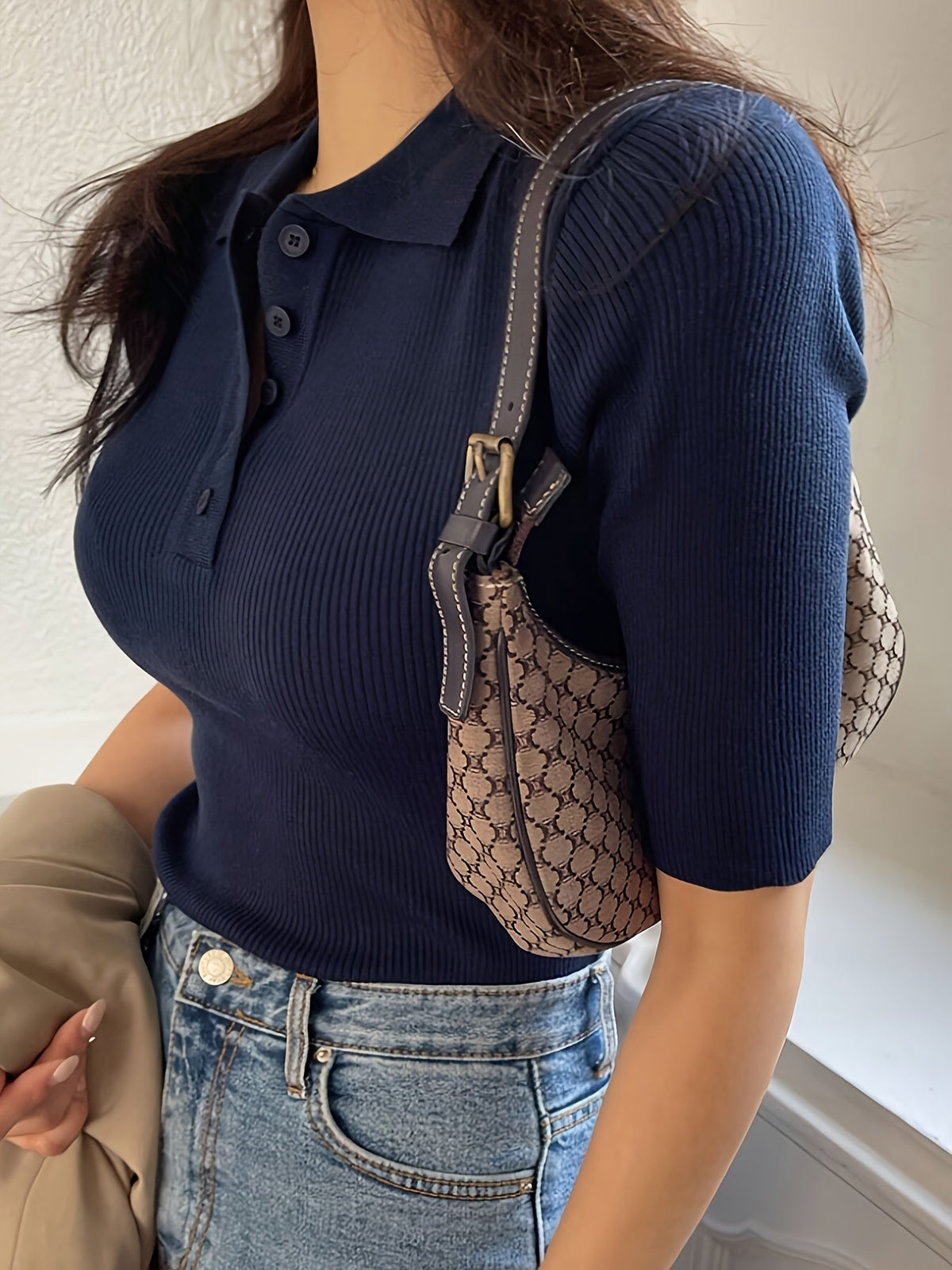 Ribbed Knit Polo Top Navy Short Sleeve Women's – Casual, Office · Werune