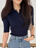 Ribbed Knit Polo Top Navy Short Sleeve Women's – Casual, Office · Werune