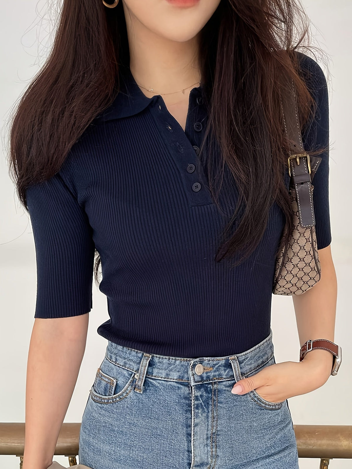 Ribbed Knit Polo Top Navy Short Sleeve Women's – Casual, Office · Werune
