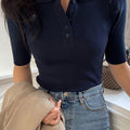 Ribbed Knit Polo Top Navy Short Sleeve Women's – Casual, Office · Werune