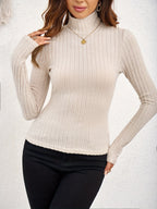 Ribbed Knit Top Mock Neck Long Sleeve Beige Women's Slim Fit – Office, Casual, Layering, Everyday