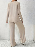 Ribbed Lounge Set Women's Beige Long Sleeve Top Wide Leg Trousers – Casual, Loungewear, Home, Gift