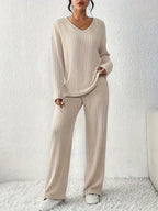 Ribbed Lounge Set Women's Beige Long Sleeve Top Wide Leg Trousers – Casual, Loungewear, Home, Gift