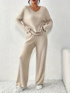 Ribbed Lounge Set Women's Beige Long Sleeve Top Wide Leg Trousers – Casual, Loungewear, Home, Gift