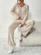 Ribbed Lounge Set Women's Beige Long Sleeve Top Wide Leg Trousers – Casual, Loungewear, Home, Gift