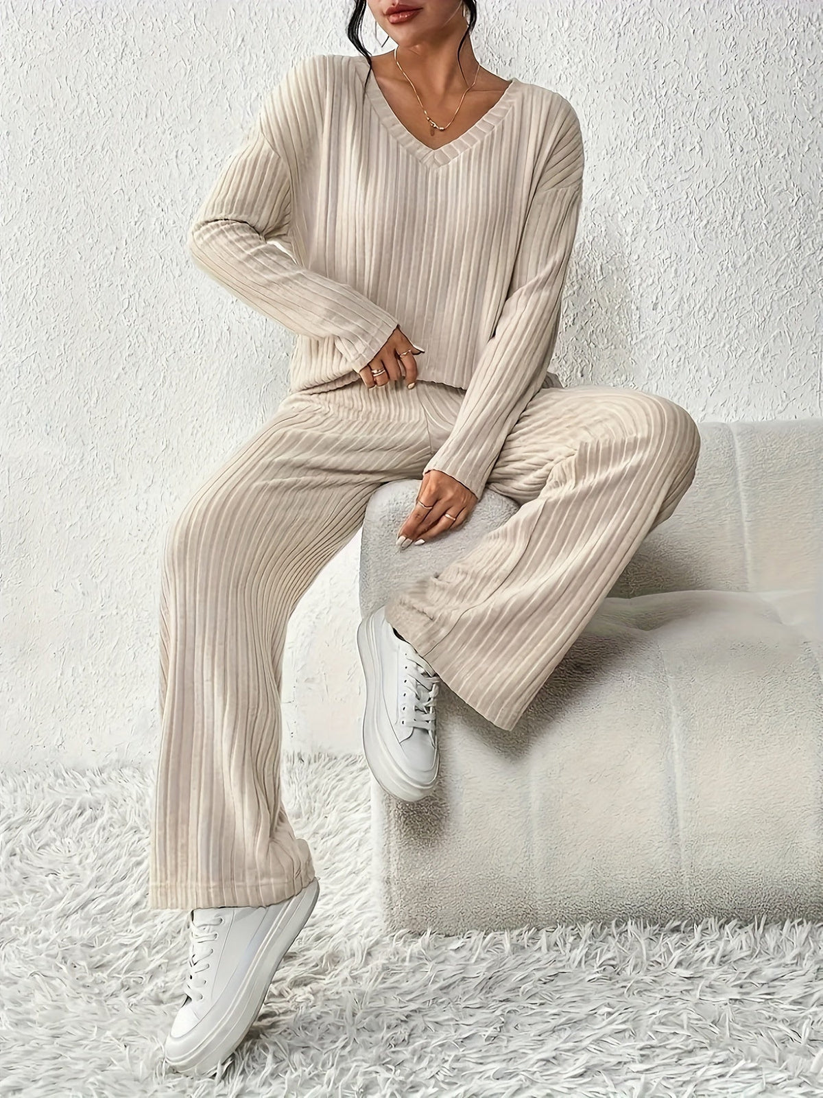Ribbed Lounge Set Women's Beige Long Sleeve Top Wide Leg Trousers – Casual, Loungewear, Home, Gift