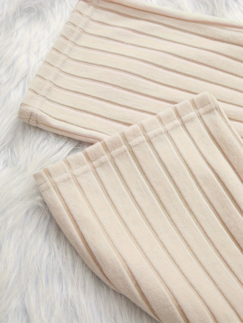 Ribbed Lounge Set Women's Beige Long Sleeve Top Wide Leg Trousers – Casual, Loungewear, Home, Gift
