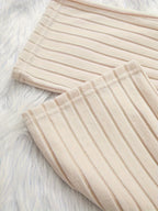 Ribbed Lounge Set Women's Beige Long Sleeve Top Wide Leg Trousers – Casual, Loungewear, Home, Gift