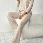 Ribbed Lounge Set Women's Beige Long Sleeve Top Wide Leg Trousers – Casual, Loungewear, Home, Gift
