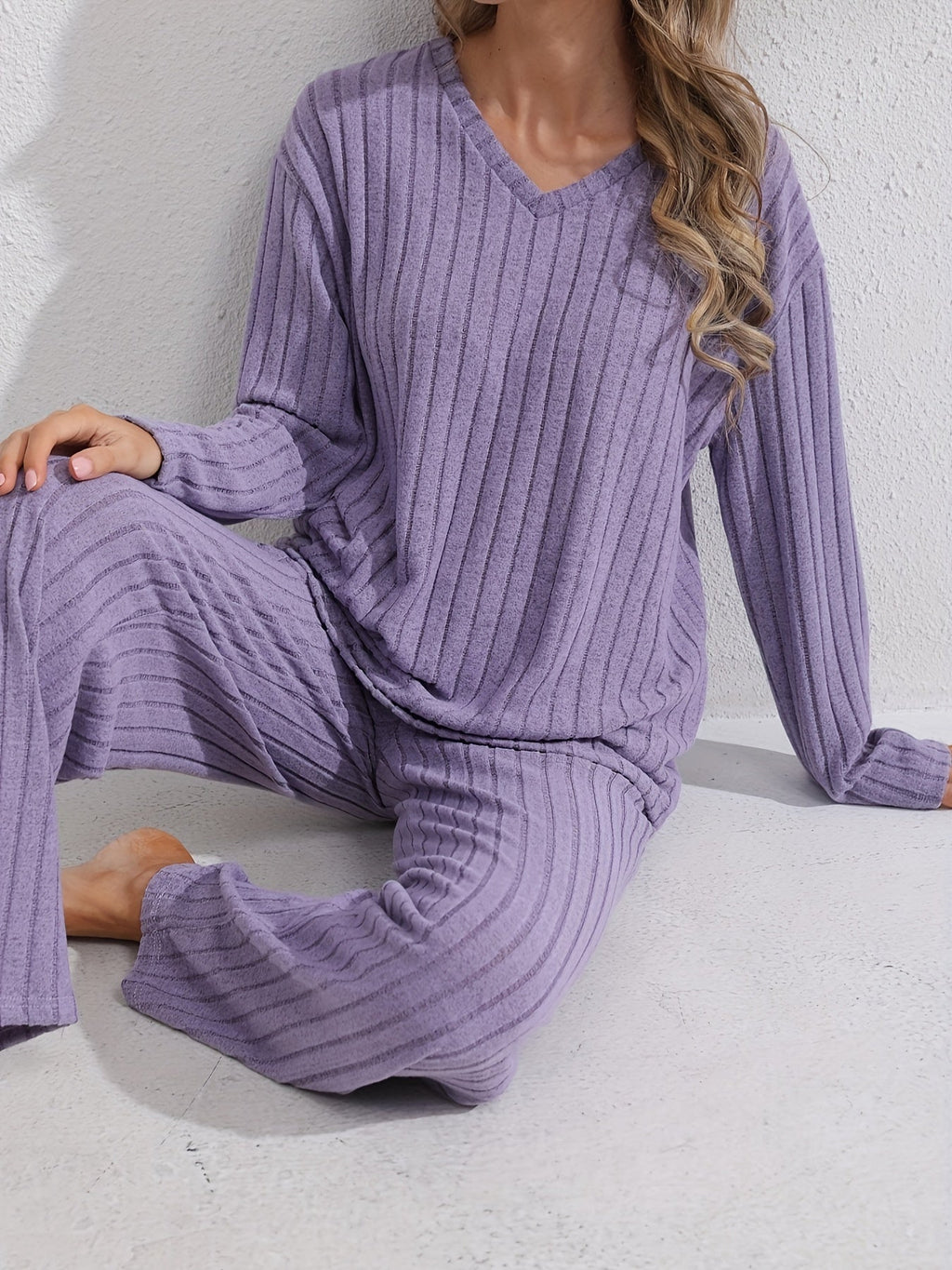 Ribbed Loungewear Set Purple V-Neck Long Sleeve Women's – Casual, Home Comfort · Werune