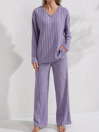 Ribbed Loungewear Set Purple V-Neck Long Sleeve Women's – Casual, Home Comfort · Werune