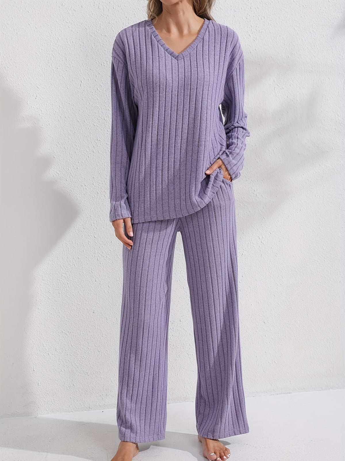 Ribbed Loungewear Set Purple V-Neck Long Sleeve Women's – Casual, Home Comfort · Werune