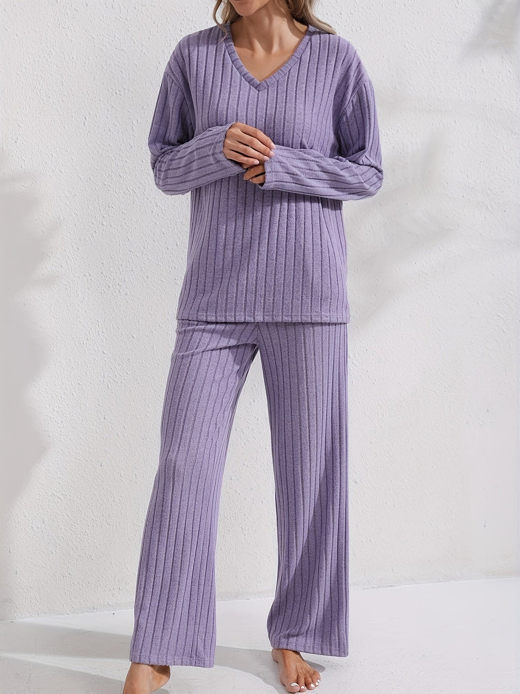 Ribbed Loungewear Set Purple V-Neck Long Sleeve Women's – Casual, Home Comfort · Werune