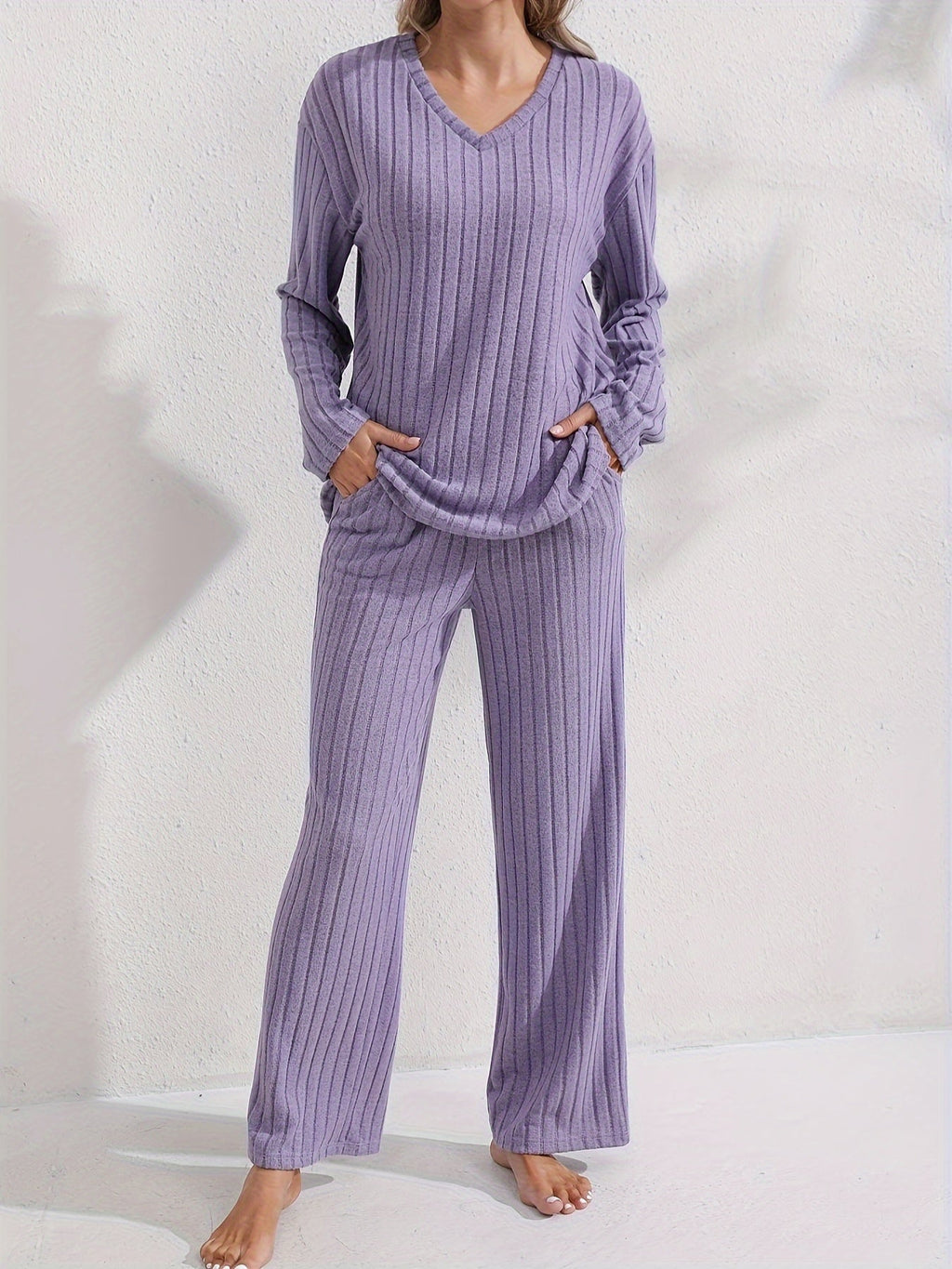 Ribbed Loungewear Set Purple V-Neck Long Sleeve Women's – Casual, Home Comfort · Werune