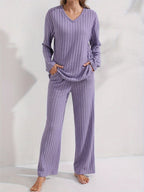 Ribbed Loungewear Set Purple V-Neck Long Sleeve Women's – Casual, Home Comfort · Werune