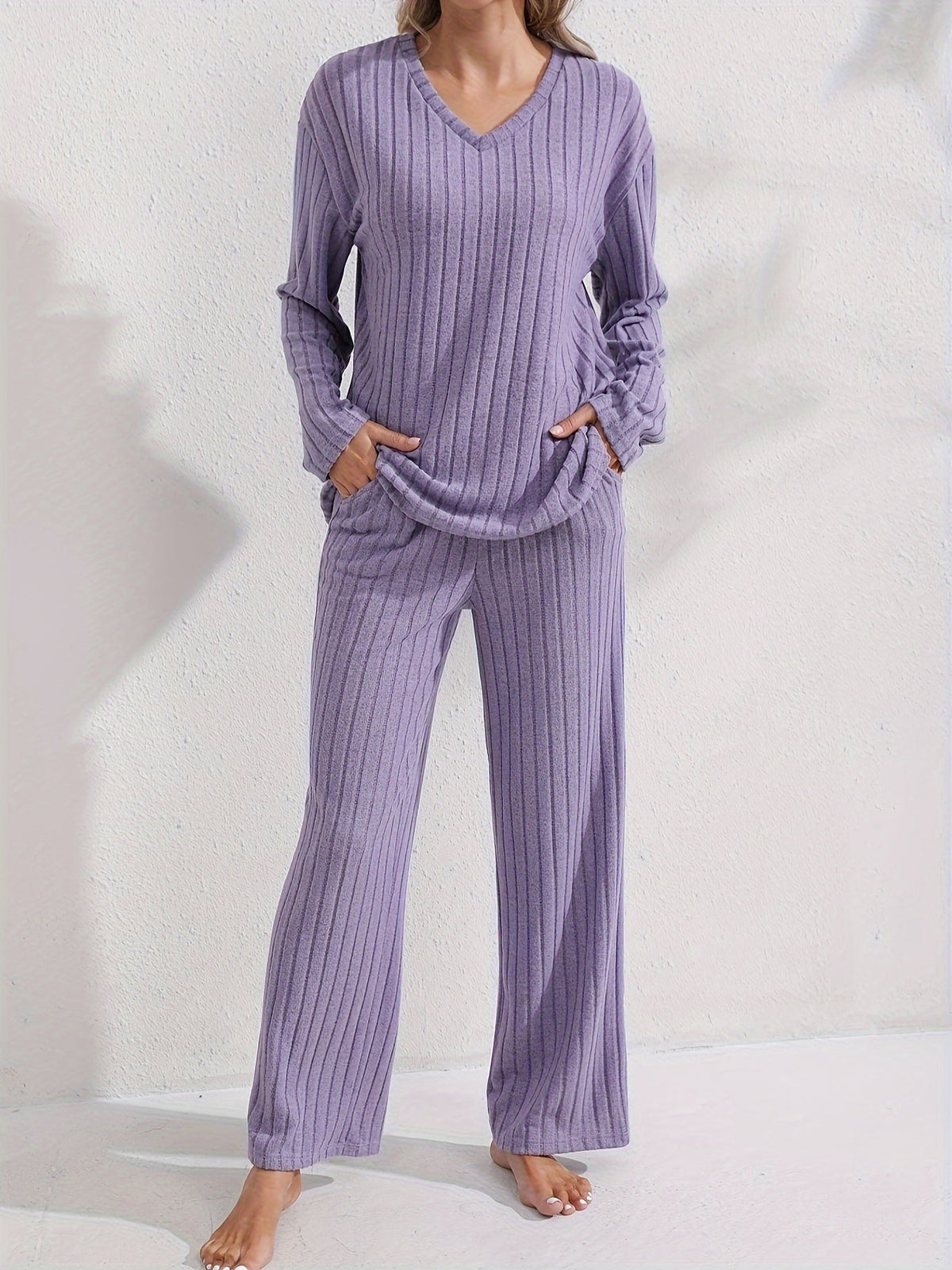 Ribbed Loungewear Set Purple V-Neck Long Sleeve Women's – Casual, Home Comfort · Werune