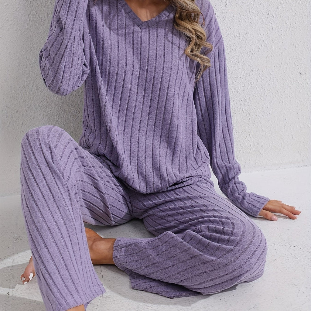 Ribbed Loungewear Set Purple V-Neck Long Sleeve Women's – Casual, Home Comfort · Werune