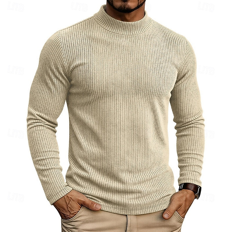 Ribbed Mock Neck Jumper Men's Long Sleeve Slim Fit Knit Top Green – Casual, Office