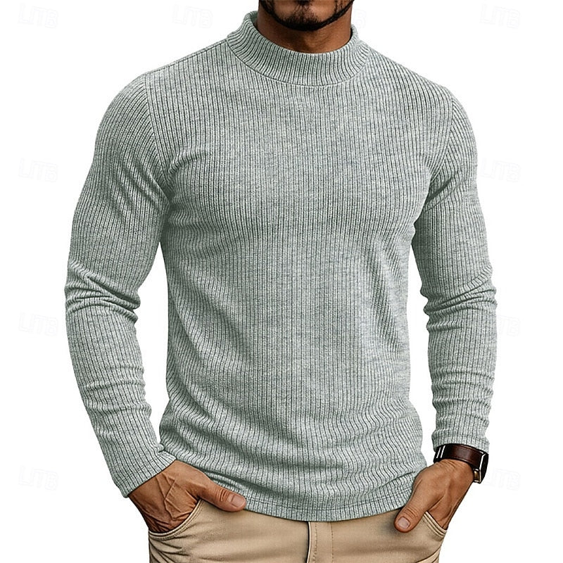 Ribbed Mock Neck Jumper Men's Long Sleeve Slim Fit Knit Top Green – Casual, Office