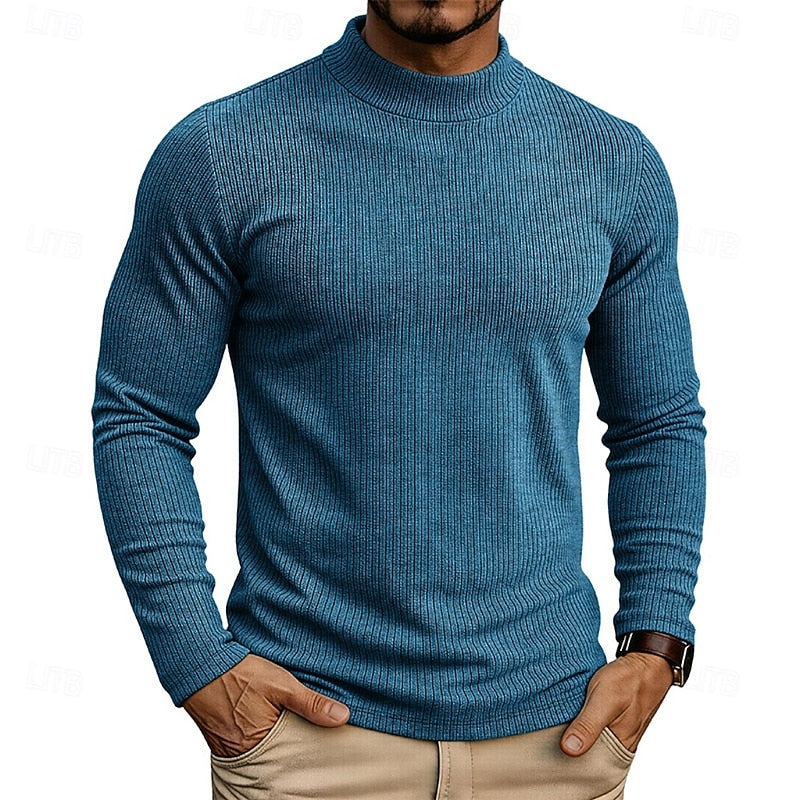 Ribbed Mock Neck Jumper Men's Long Sleeve Slim Fit Knit Top Green – Casual, Office