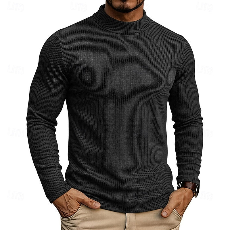 Ribbed Mock Neck Jumper Men's Long Sleeve Slim Fit Knit Top Green – Casual, Office