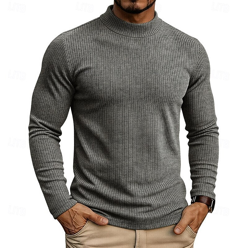 Ribbed Mock Neck Jumper Men's Long Sleeve Slim Fit Knit Top Green – Casual, Office