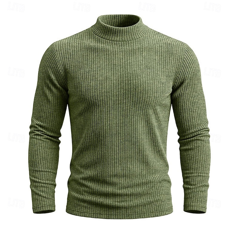 Ribbed Mock Neck Jumper Men's Long Sleeve Slim Fit Knit Top Green – Casual, Office