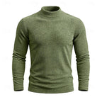 Ribbed Mock Neck Jumper Men's Long Sleeve Slim Fit Knit Top Green – Casual, Office