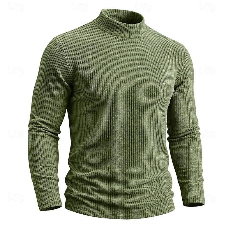Ribbed Mock Neck Jumper Men's Long Sleeve Slim Fit Knit Top Green – Casual, Office