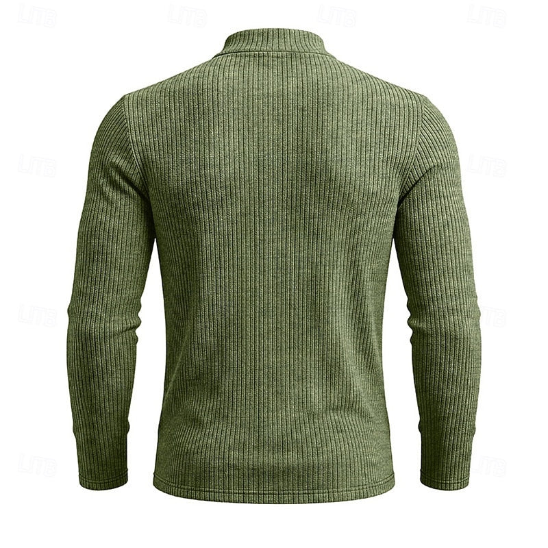 Ribbed Mock Neck Jumper Men's Long Sleeve Slim Fit Knit Top Green – Casual, Office