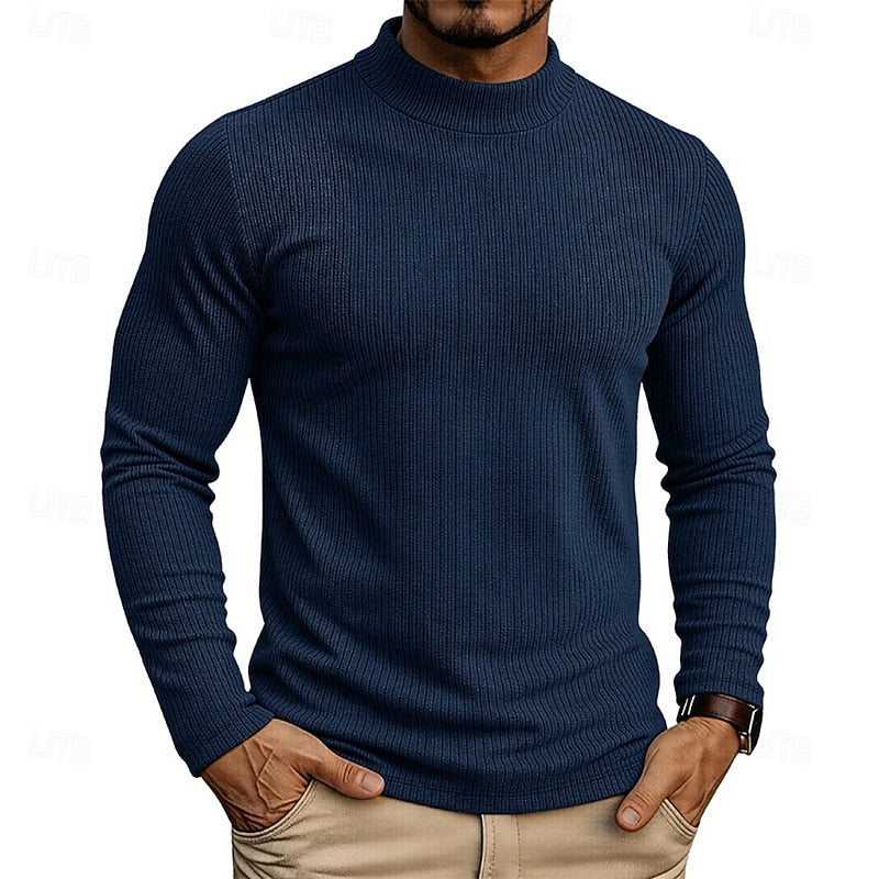 Ribbed Mock Neck Jumper Men's Long Sleeve Slim Fit Knit Top Green – Casual, Office