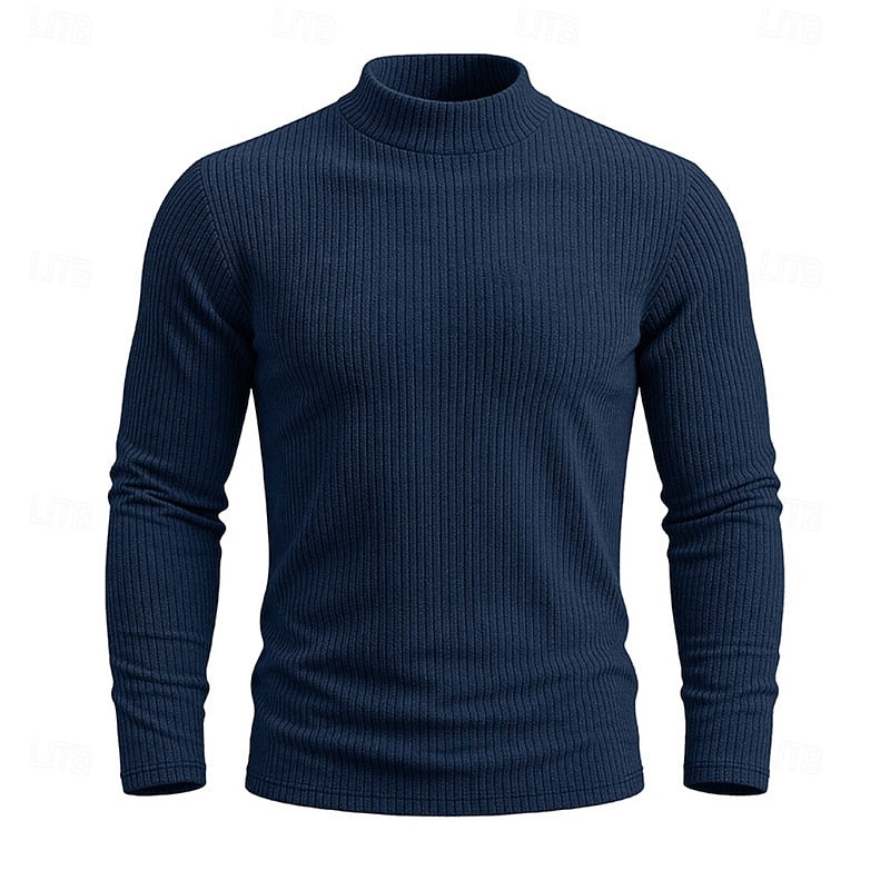 Ribbed Mock Neck Jumper Men's Long Sleeve Slim Fit Knit Top Green – Casual, Office