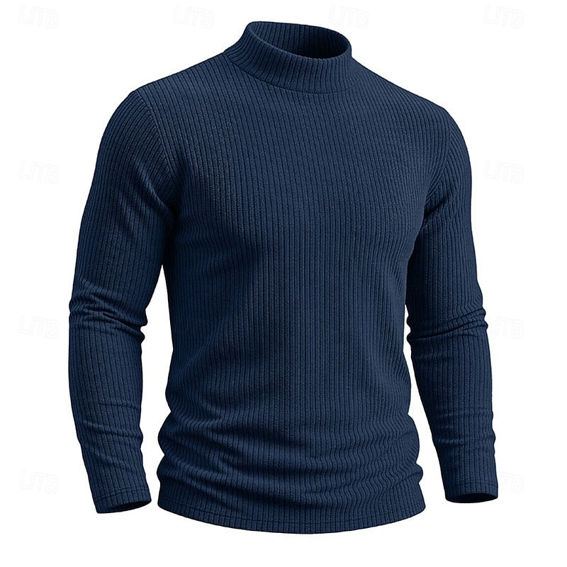 Ribbed Mock Neck Jumper Men's Long Sleeve Slim Fit Knit Top Green – Casual, Office