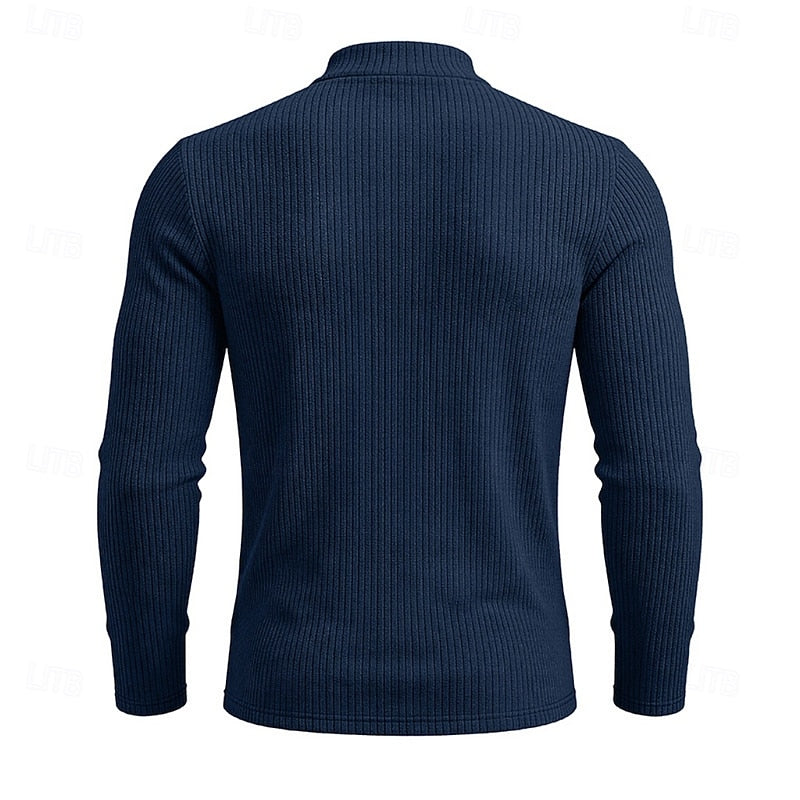 Ribbed Mock Neck Jumper Men's Long Sleeve Slim Fit Knit Top Green – Casual, Office