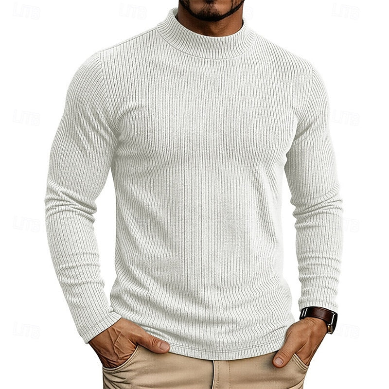 Ribbed Mock Neck Jumper Men's Long Sleeve Slim Fit Knit Top Green – Casual, Office