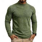 Ribbed Mock Neck Jumper Men's Long Sleeve Slim Fit Knit Top Green – Casual, Office