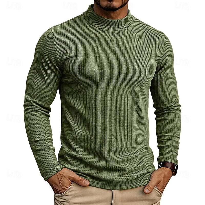 Ribbed Mock Neck Jumper Men's Long Sleeve Slim Fit Knit Top Green – Casual, Office