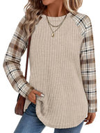 Ribbed Raglan Top Beige Plaid Long-Sleeve Women's – Casual, Office, Holiday, Gift
