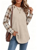 Ribbed Raglan Top Beige Plaid Long-Sleeve Women's – Casual, Office, Holiday, Gift