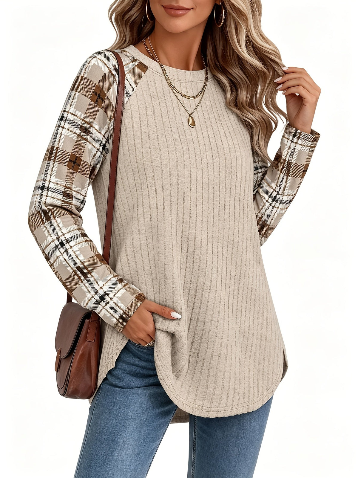 Ribbed Raglan Top Beige Plaid Long-Sleeve Women's – Casual, Office, Holiday, Gift