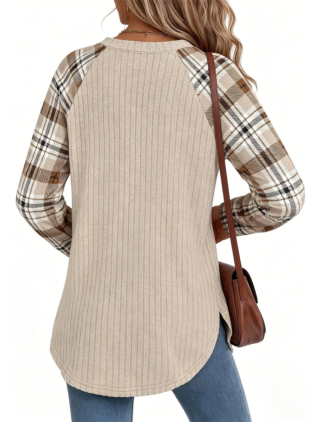 Ribbed Raglan Top Beige Plaid Long-Sleeve Women's – Casual, Office, Holiday, Gift