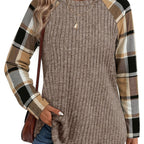 Ribbed Raglan Top Beige Plaid Long-Sleeve Women's – Casual, Office, Holiday, Gift