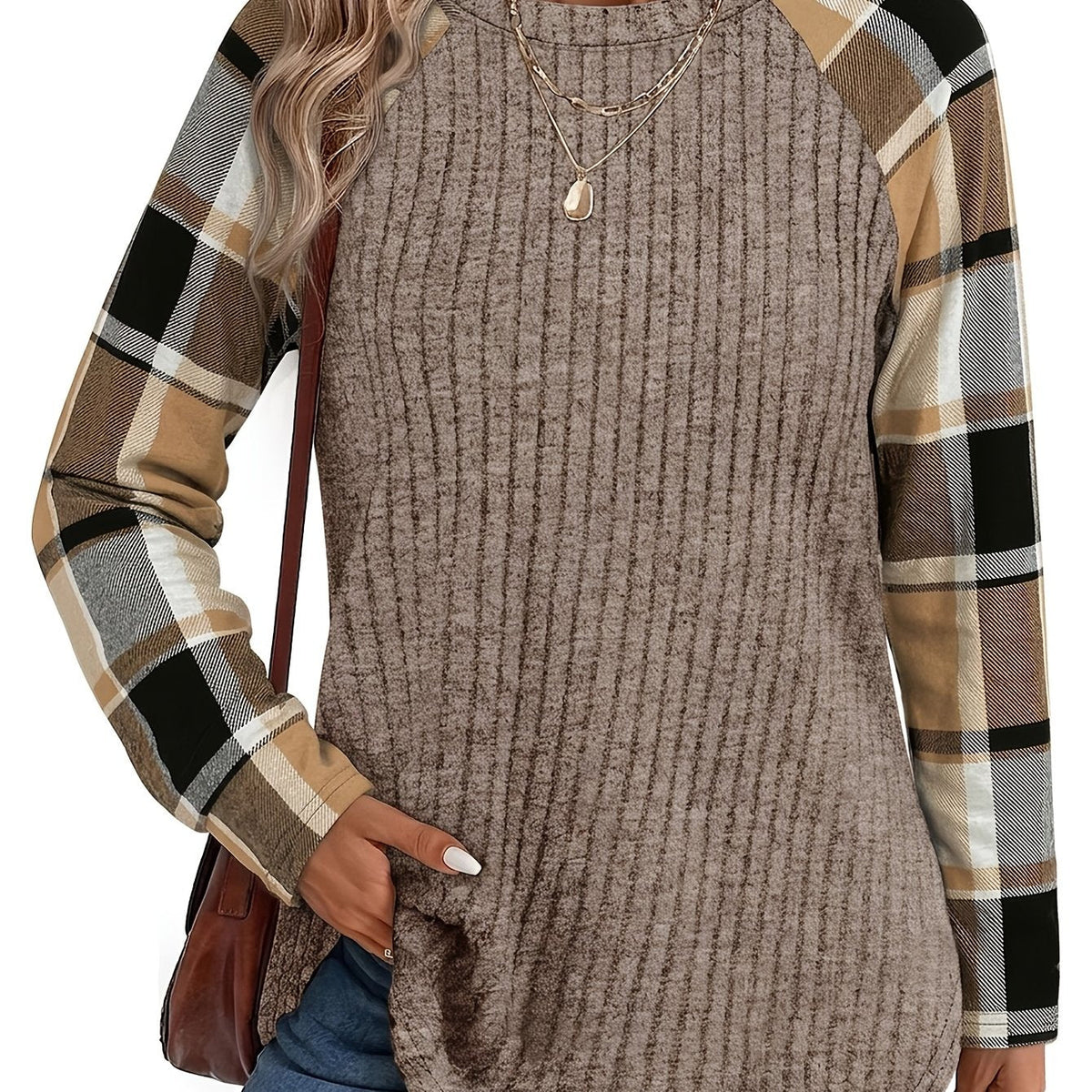 Ribbed Raglan Top Beige Plaid Long-Sleeve Women's – Casual, Office, Holiday, Gift