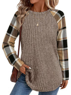 Ribbed Raglan Top Beige Plaid Long-Sleeve Women's – Casual, Office, Holiday, Gift