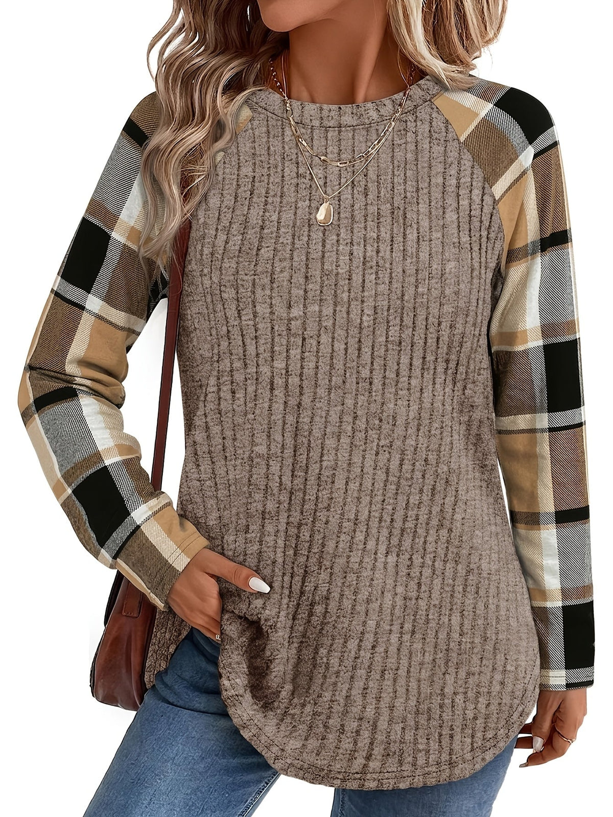 Ribbed Raglan Top Beige Plaid Long-Sleeve Women's – Casual, Office, Holiday, Gift